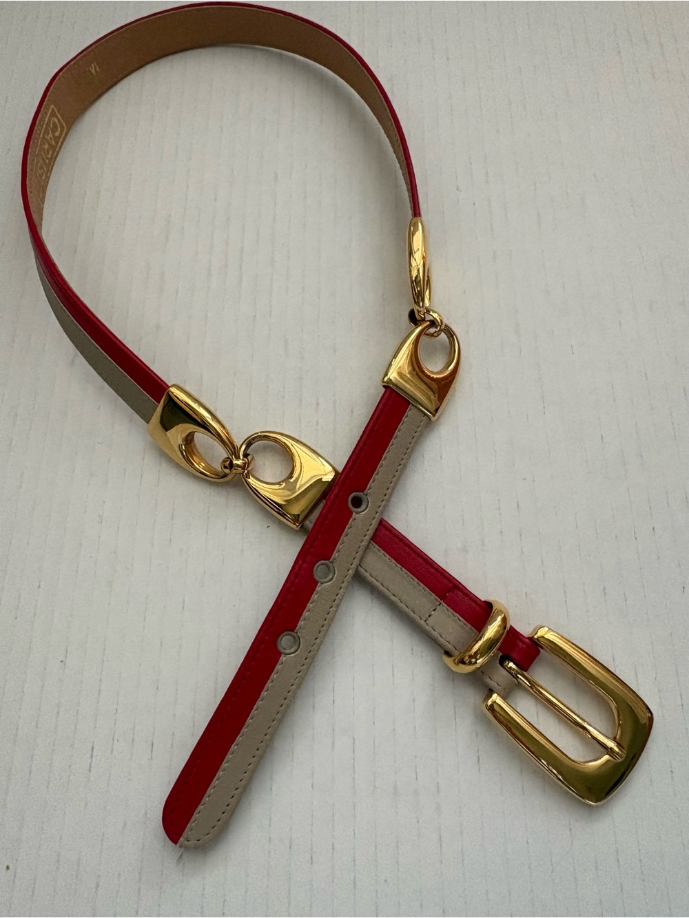 Vintage Carlisle two tone Red/tan leather Belt gold tone details and Buckle 1675